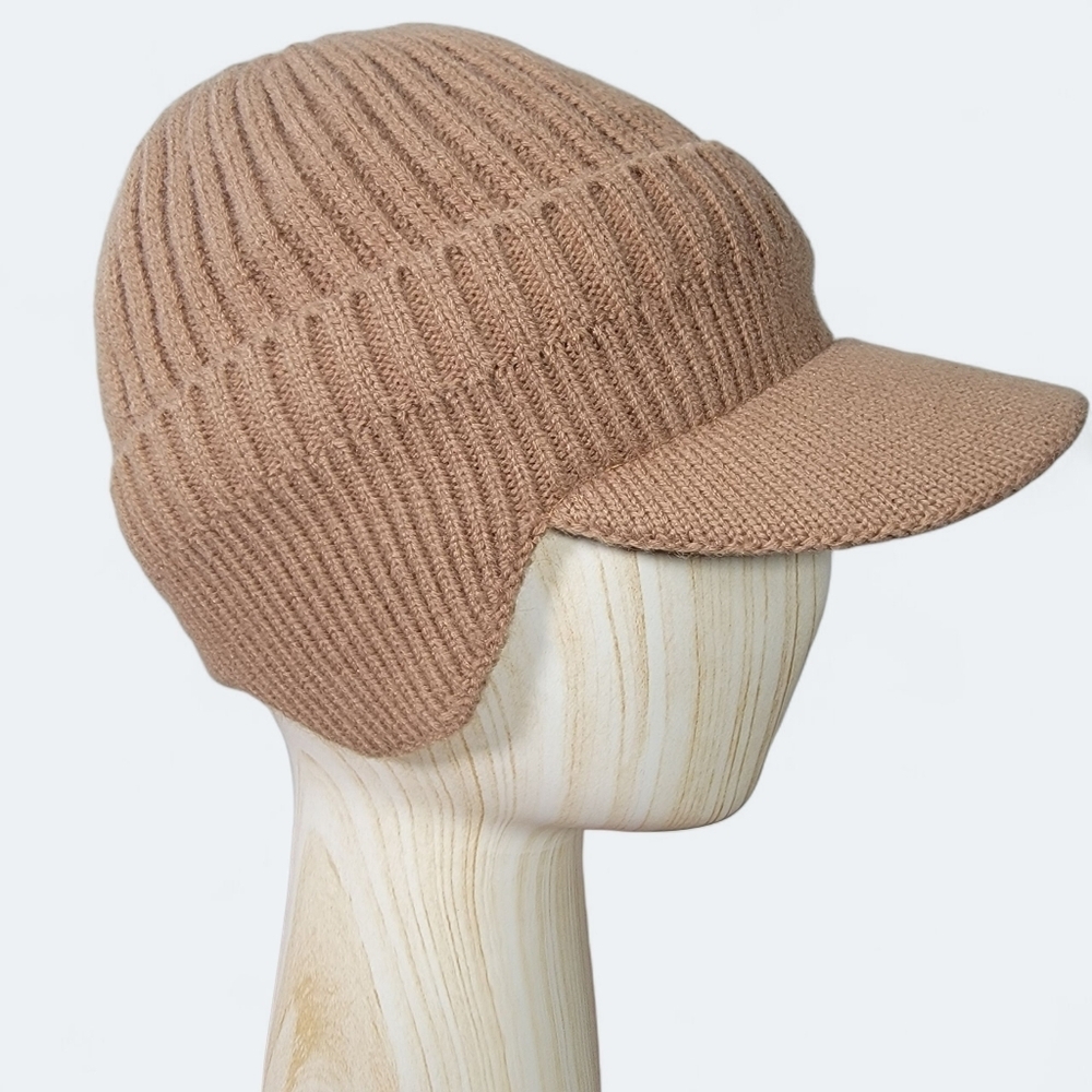 Tan Knit Cap with Ear Flaps Faux Fur Lined Winter Mens Cap MASH Style